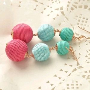 Bohemian Triple ball Earrings Blue + Rose